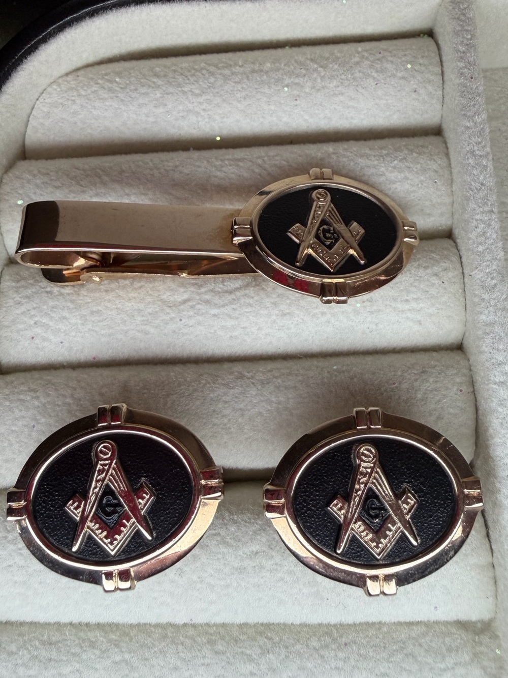Gold-Tone Freemason Emblem Tie Bar and Cufflink Set - Black Inlay